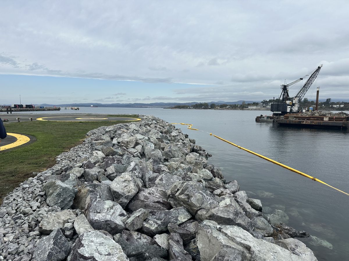 Rock revetment along the shoreline at Helijet International Terminal, Victoria Harbour